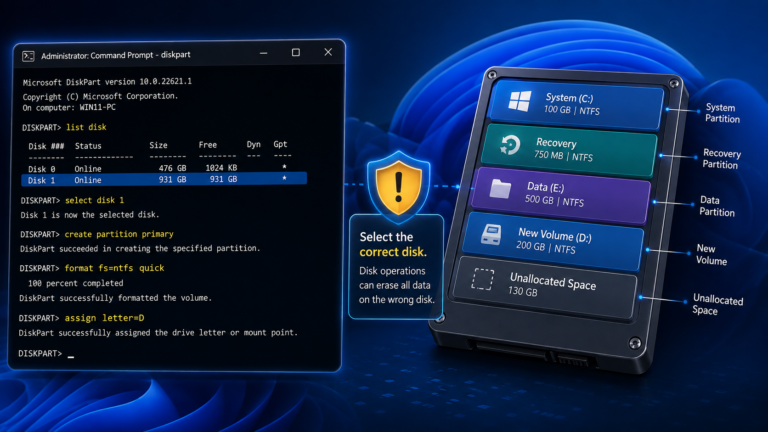 DiskPart in Windows 11 showing commands for managing disks, partitions, and NTFS volumes