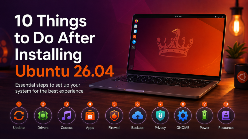 Ubuntu 26.04 desktop on a laptop with icons representing updates, drivers, codecs, apps, firewall, backups, privacy, GNOME, power and system resources