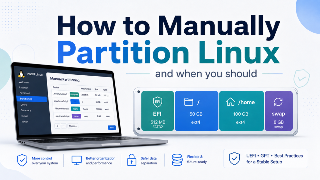 Linux installer showing EFI, root, home, and swap partitions during manual partitioning.