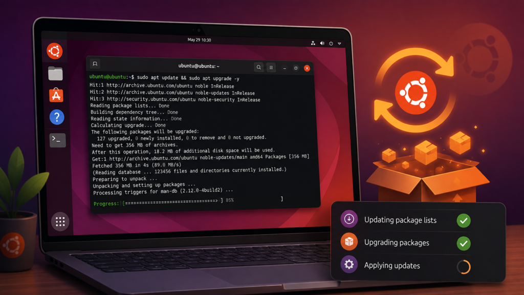 Ubuntu terminal installing package and security updates with the system upgrade in progress