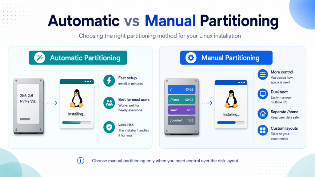 Comparison of automatic and manual Linux partitioning, showing the advantages of each approach.