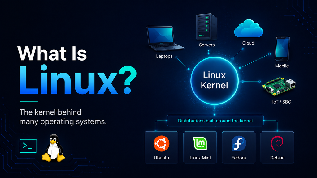 Linux kernel diagram showing connections to laptops, servers, cloud, mobile devices, and Linux distributions
