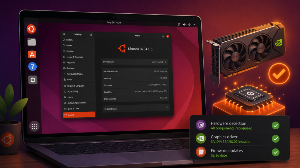 Ubuntu Additional Drivers screen with graphics card, hardware detection and firmware update indicators