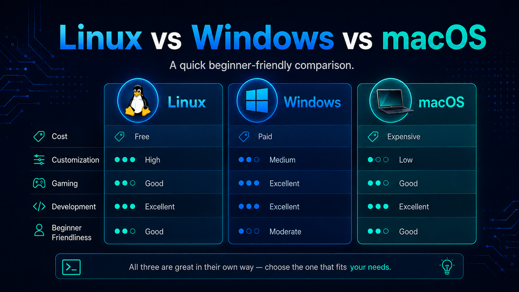 Linux vs Windows vs macOS comparison for cost, customization, gaming, development, and beginner friendliness