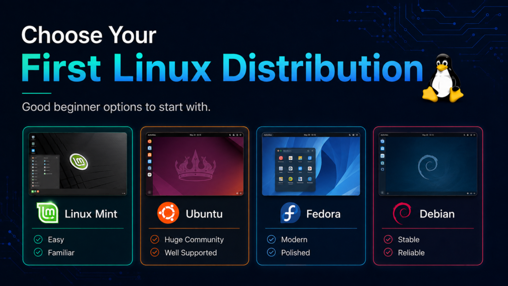 Beginner Linux distributions comparison featuring Linux Mint, Ubuntu, Fedora, and Debian