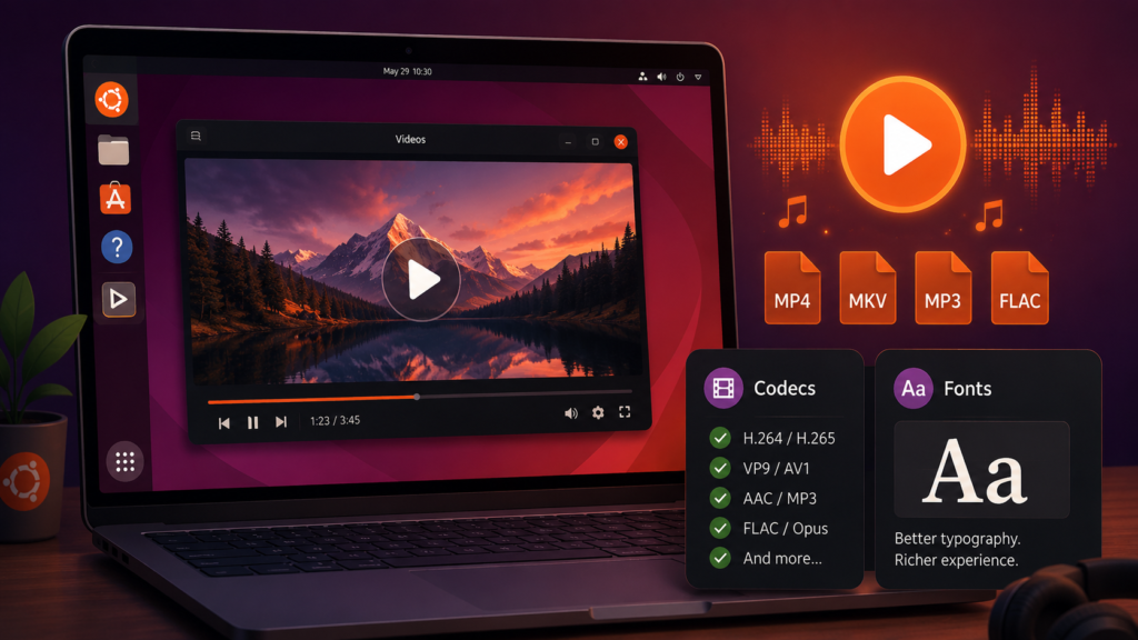 Ubuntu desktop playing a video with MP4, MKV, MP3 and FLAC icons alongside codec and font support