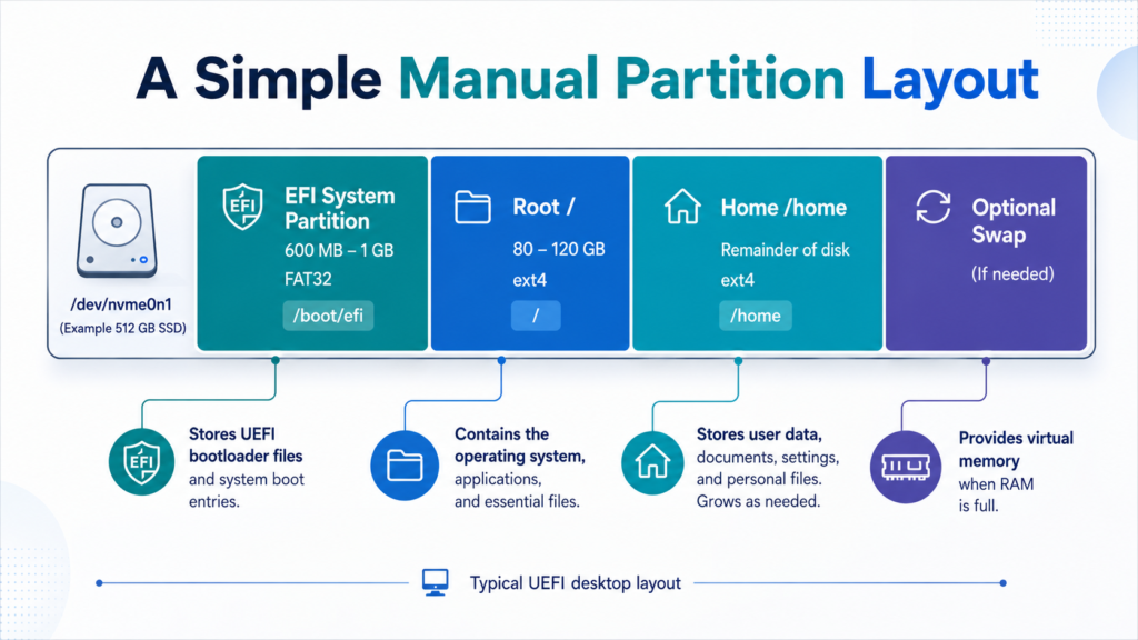 Diagram showing EFI, root, home, and optional swap partitions on a Linux SSD.