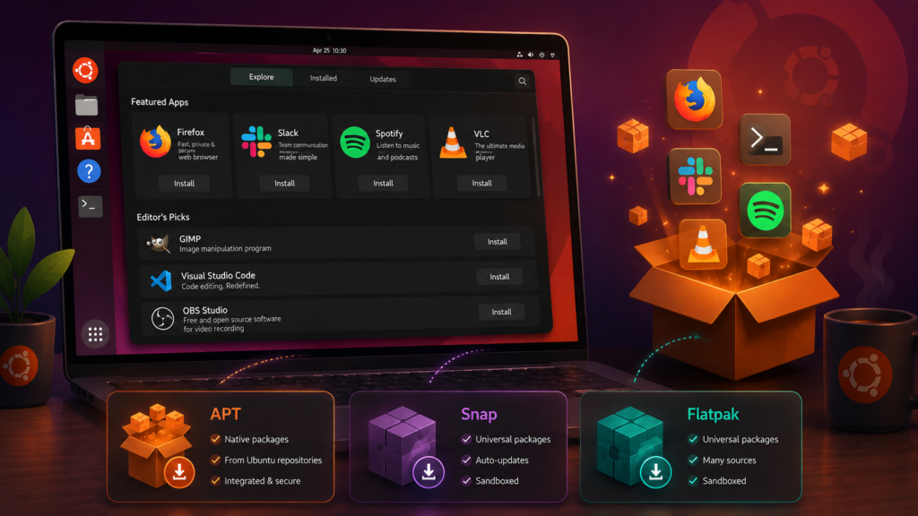 Ubuntu application center with software icons and APT, Snap and Flatpak package options