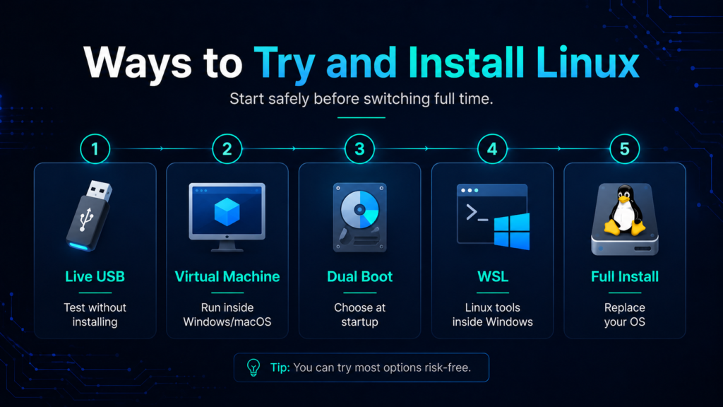 Ways to try Linux using a live USB, virtual machine, dual boot, WSL, or full installation