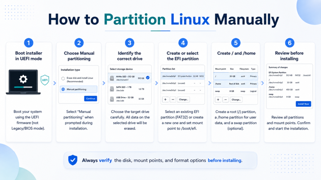 Six-step guide showing how to manually partition Linux from booting the installer through reviewing the final disk layout.
