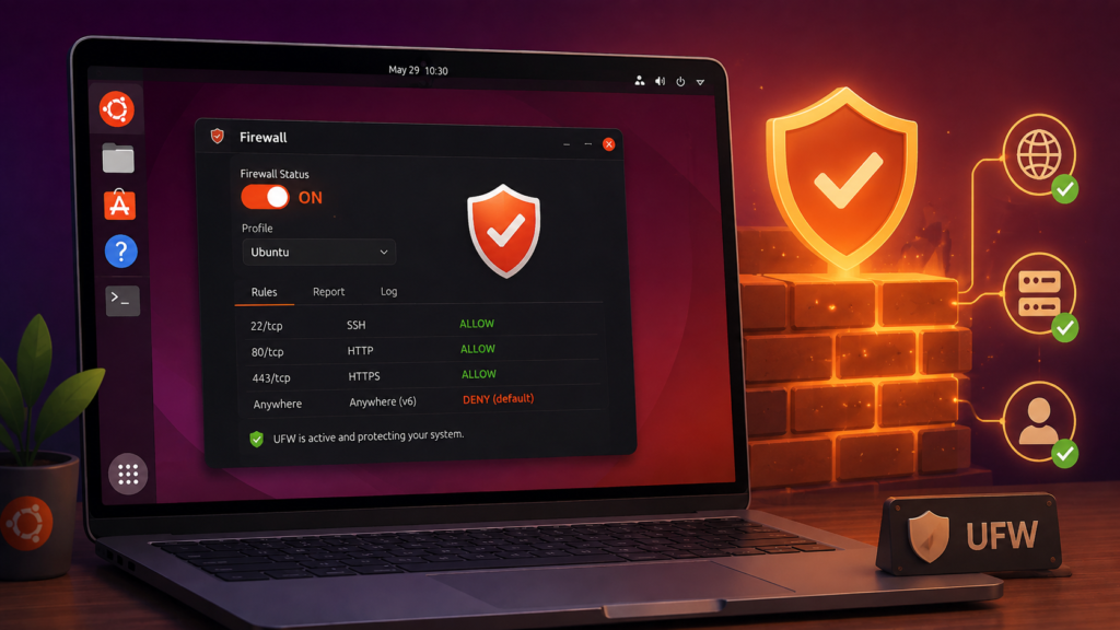 Ubuntu firewall enabled with a security shield and network connections protected by UFW