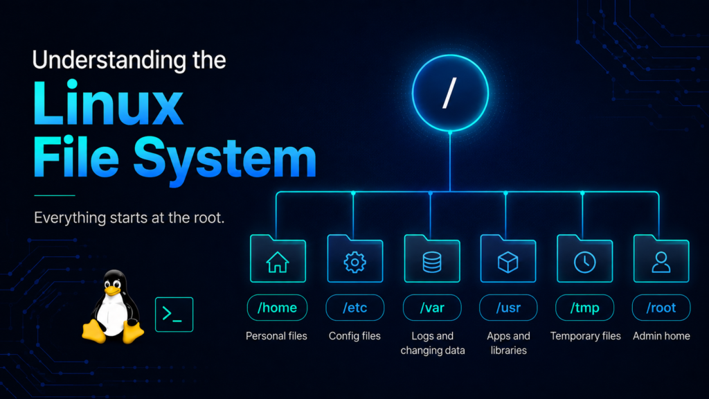 Linux file system diagram showing root, home, etc, var, usr, tmp, and root directories