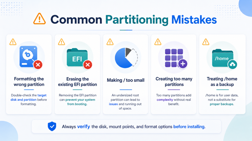 Infographic showing common Linux partitioning mistakes, including formatting the wrong disk and erasing the EFI partition.