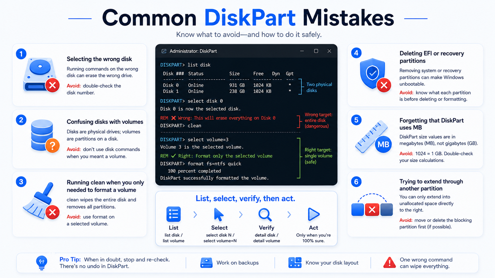 Common DiskPart mistakes including selecting the wrong disk, using clean unnecessarily, and deleting system partitions