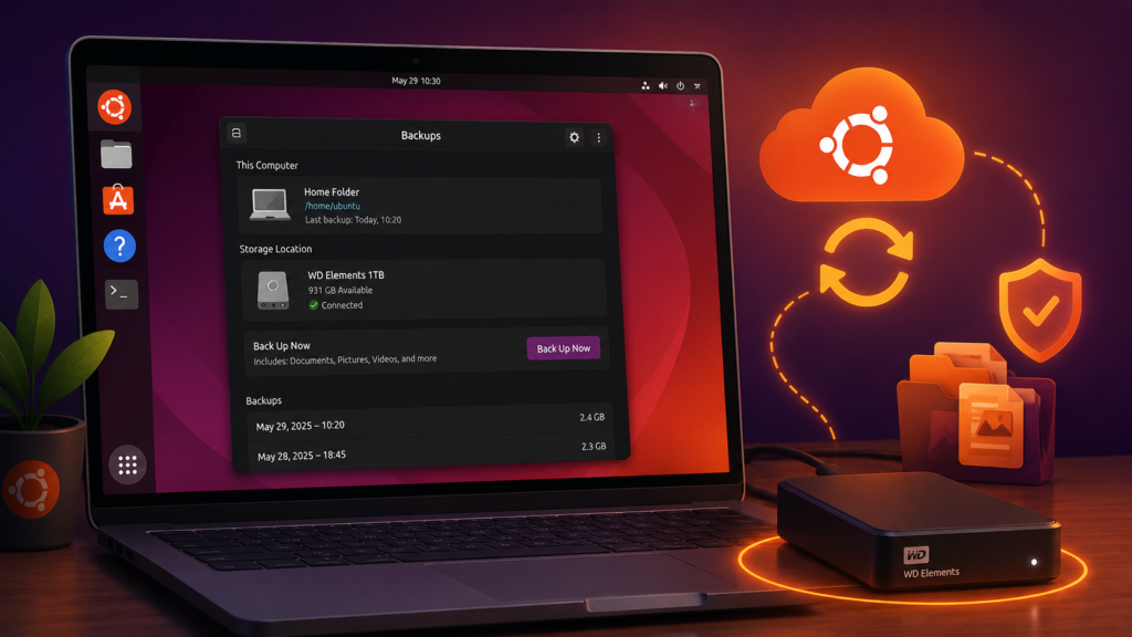 Ubuntu backup utility transferring files to external storage and cloud backup with security protection