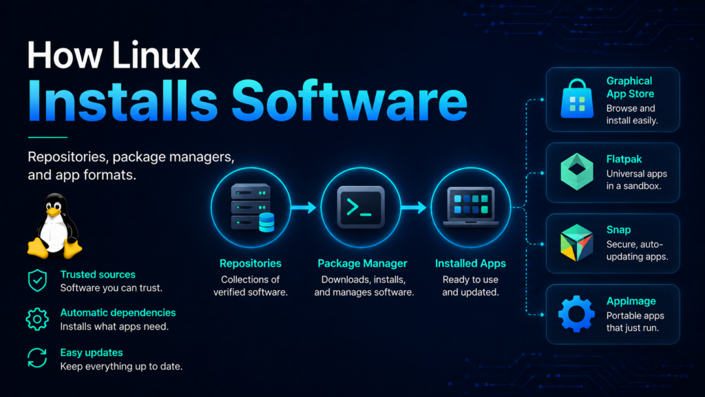 Linux software installation diagram showing repositories, package managers, installed apps, Flatpak, Snap, and AppImage