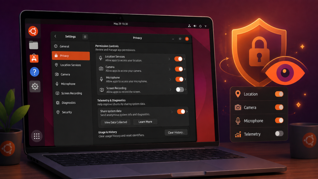 Ubuntu privacy settings showing controls for location, camera, microphone, screen recording and telemetry