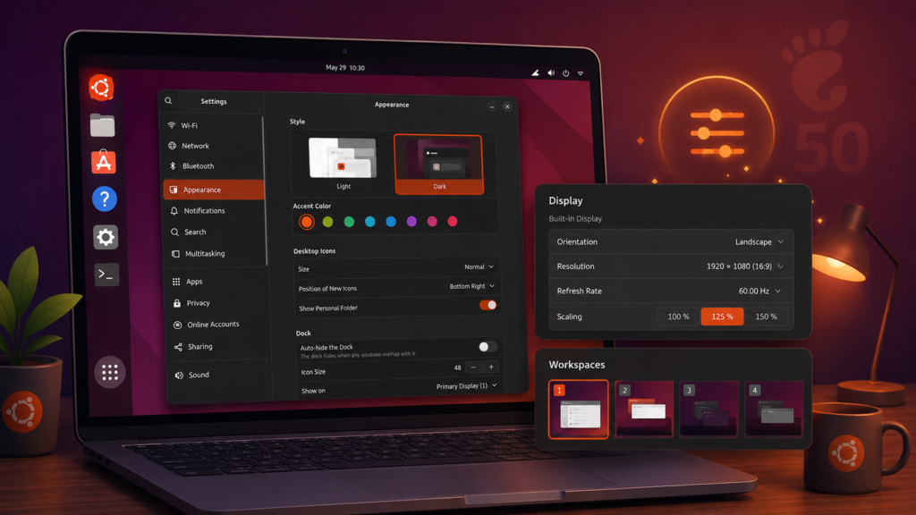 Ubuntu GNOME 50 settings showing dark mode, accent colors, display scaling, dock options and workspaces