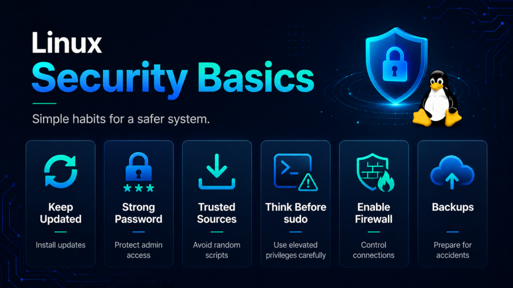Linux security basics including updates, strong passwords, trusted sources, sudo, firewall, and backups