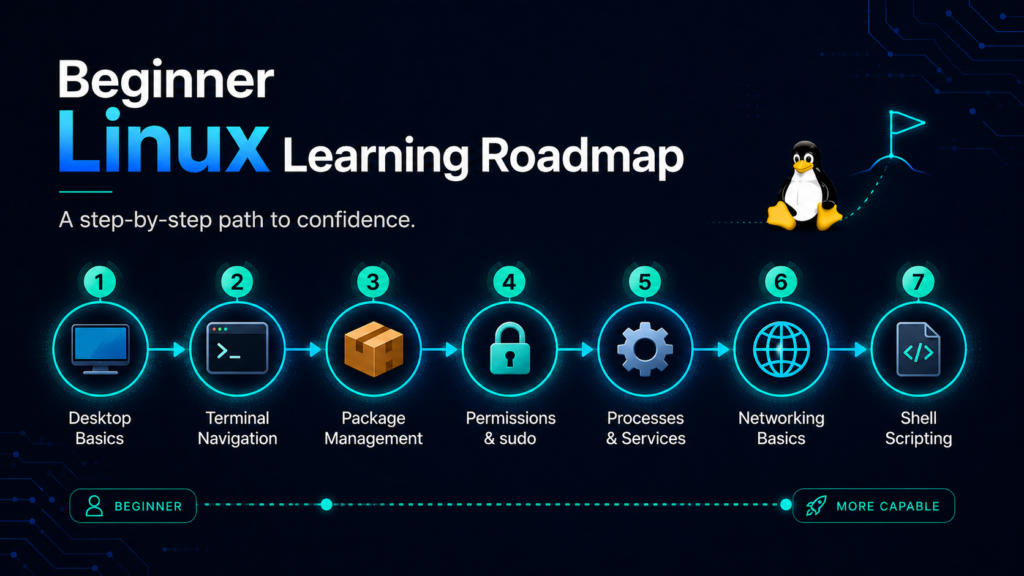 Beginner Linux learning roadmap from desktop basics and terminal navigation to networking and shell scripting