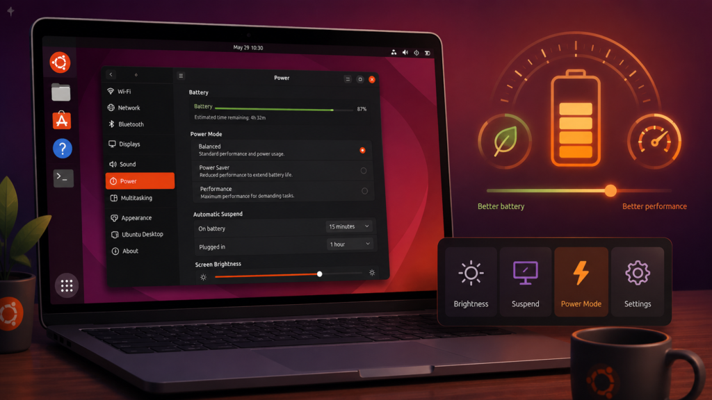 Ubuntu laptop power settings with battery level, power modes, automatic suspend and screen brightness controls
