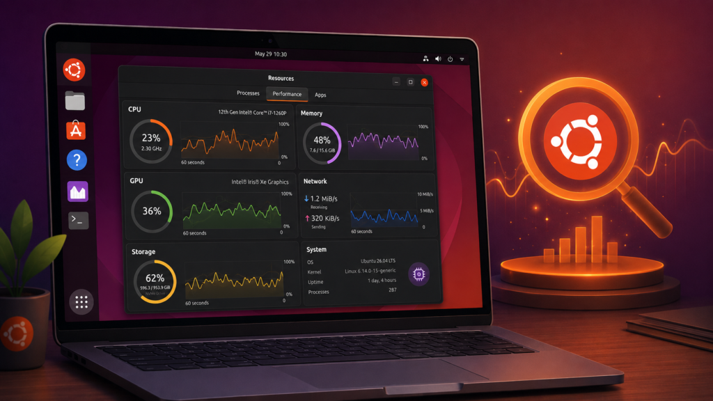 Ubuntu Resources app displaying CPU, memory, GPU, network and storage performance graphs